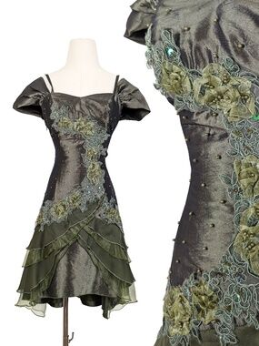 Y2K Jessica James Mini Green Prom Dress Asymmetrical Fairycore Evening Gown